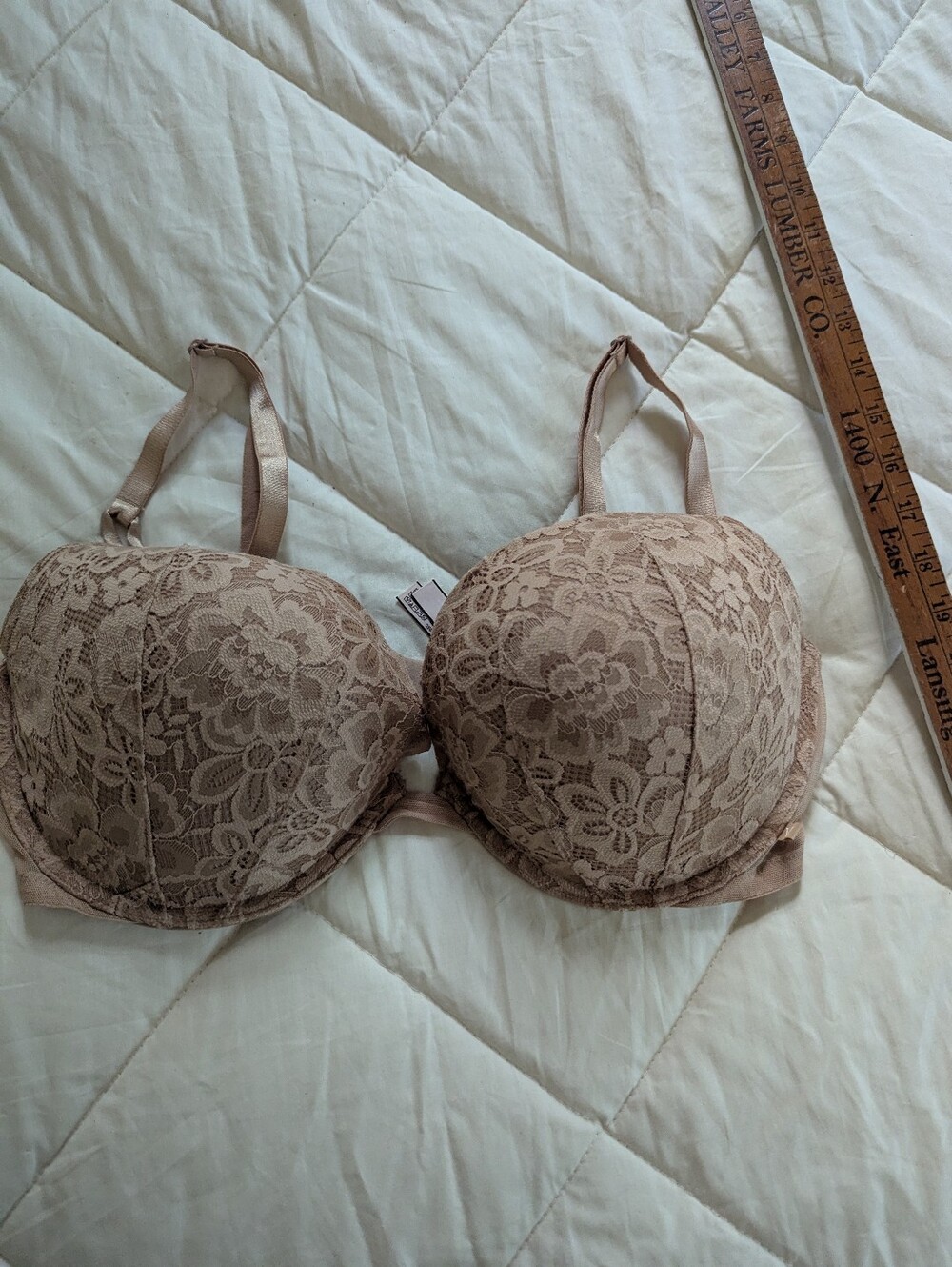 Victoria Secret Bra 38DD Lined Demi Beige Allover Lace Floral Underwire